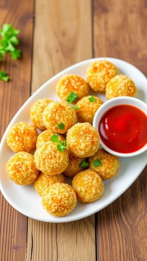 Crispy Parmesan zucchini bites on a plate with marinara sauce for dipping.